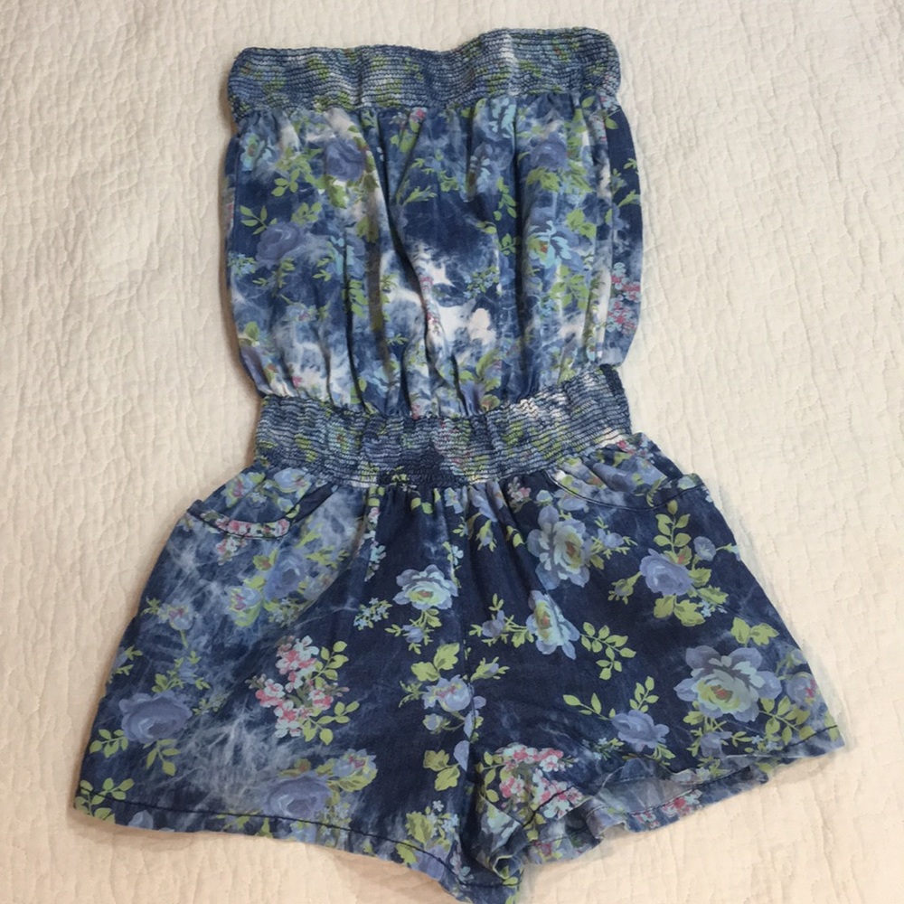 Denim style strapless romper- floral pattern